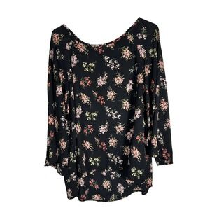 Papermoon Womens XL Black Floral 3/4 Sleeve Scoop Neck Zipper Back Blouse Top